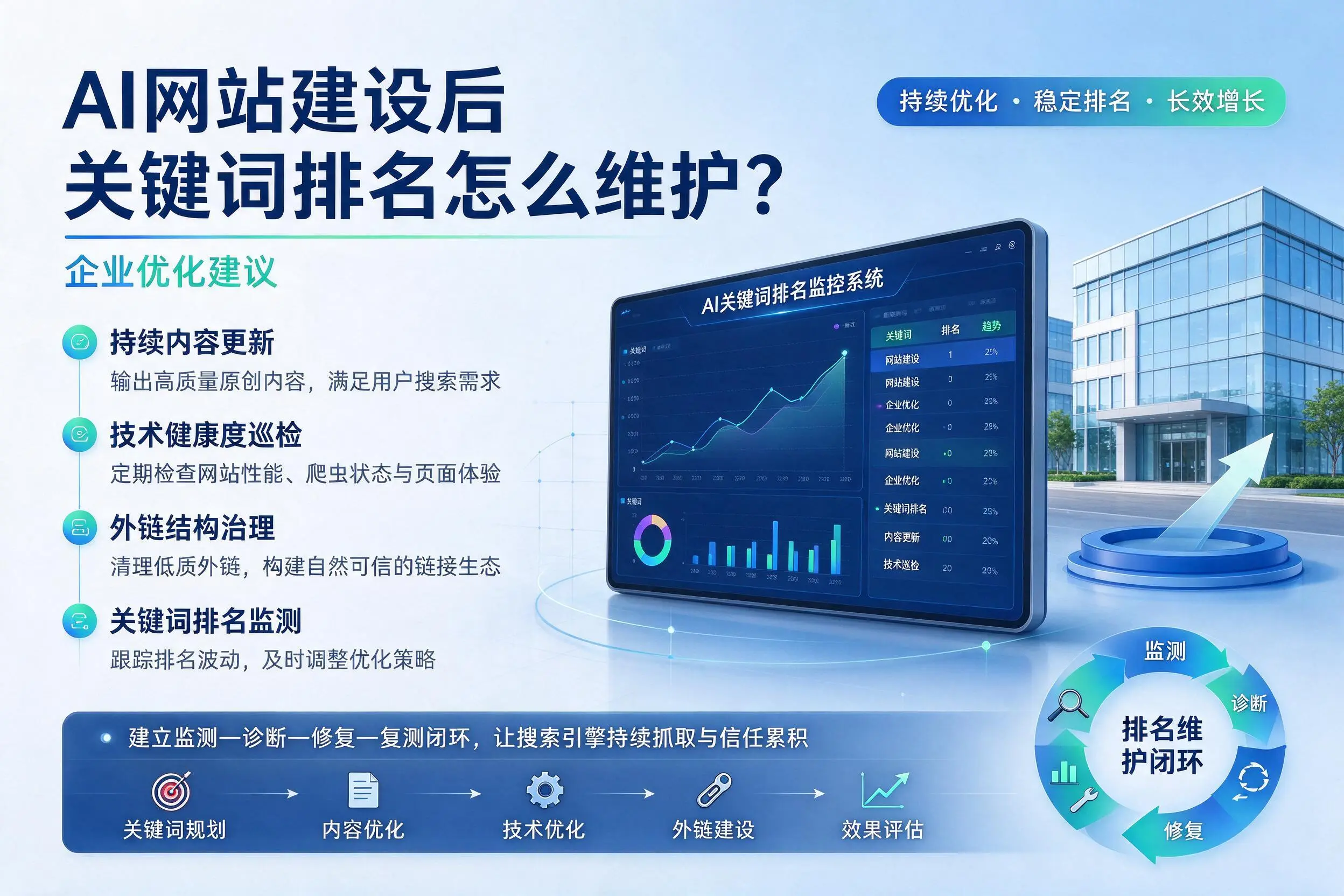 AI网站建设后关键词排名怎么维护?潜江企业优化建议
