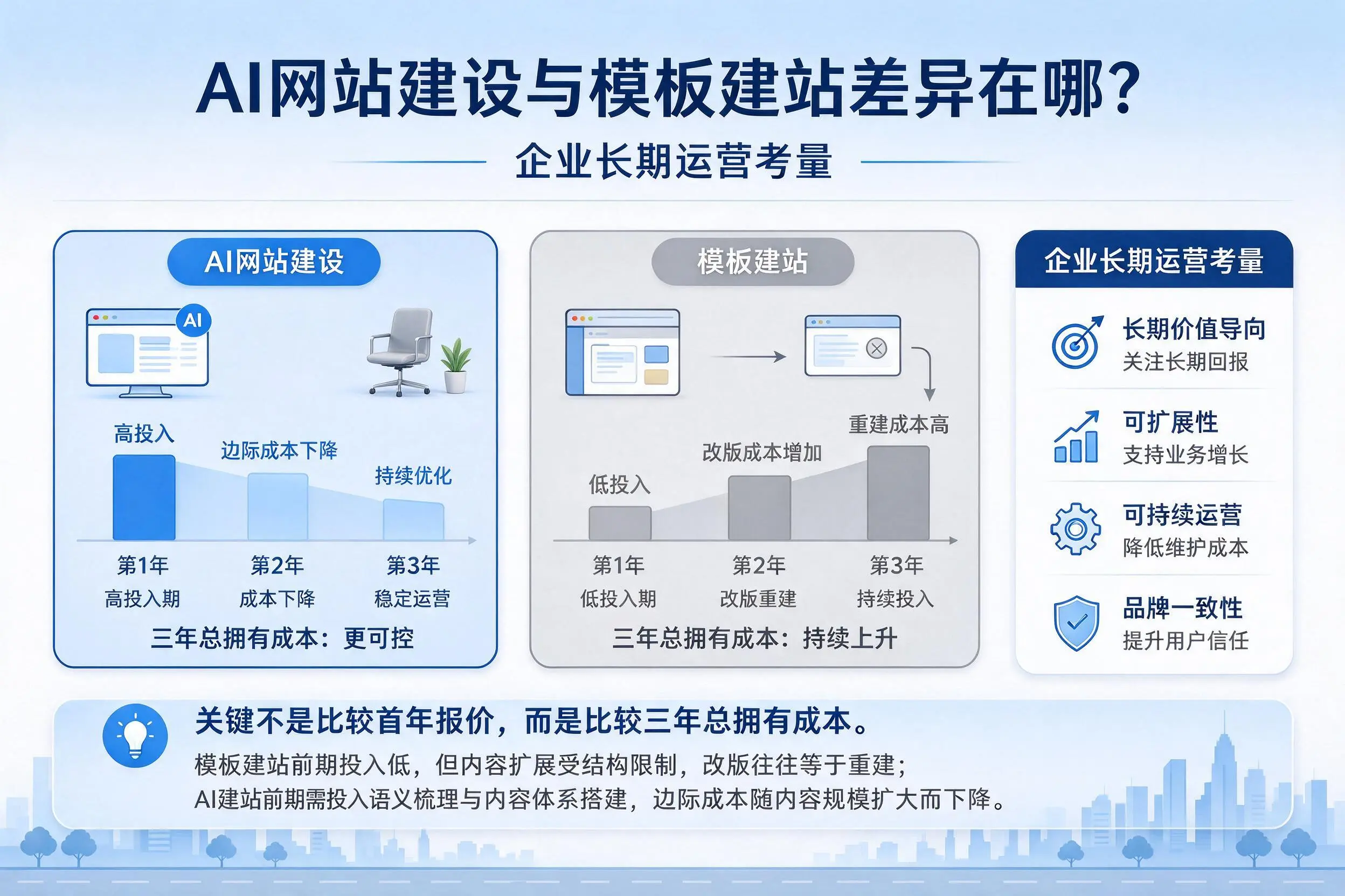 AI网站建设与模板建站差异在哪？潜江企业长期运营考量