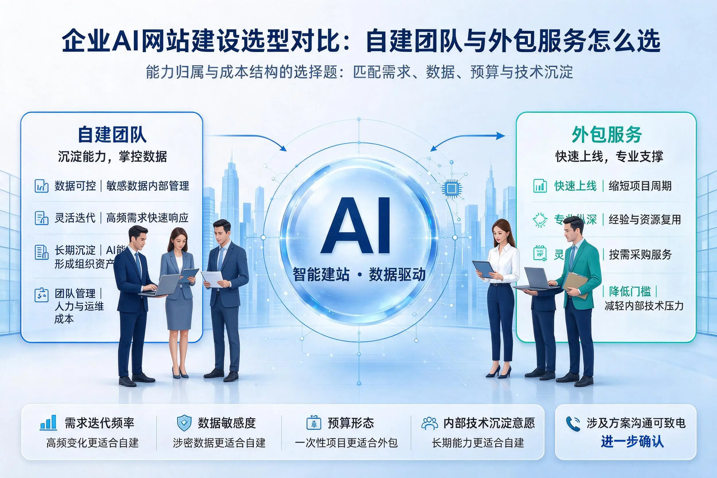 潜江企业AI网站建设选型对比：自建团队与外包服务怎么选
